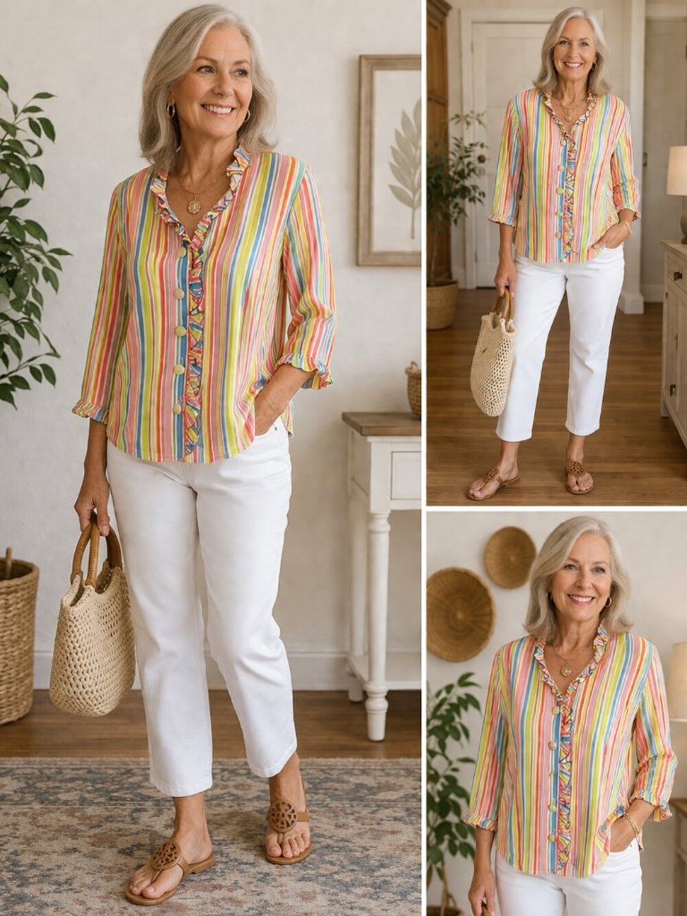 Taylor G Ruffle Button Front Blouse 3/4 Sleeve Rainbow Stripe Top Sz Small